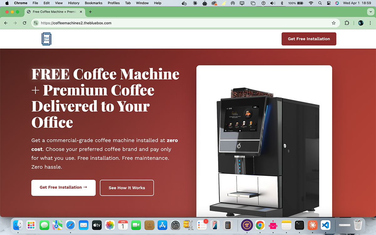 Blue Box Coffee Machines Landing Page